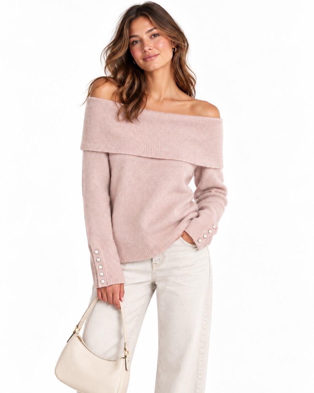 Knit Merino Wool Off-the-Shoulder Blush Pink Preppy Satin Button Cuffed Sweater